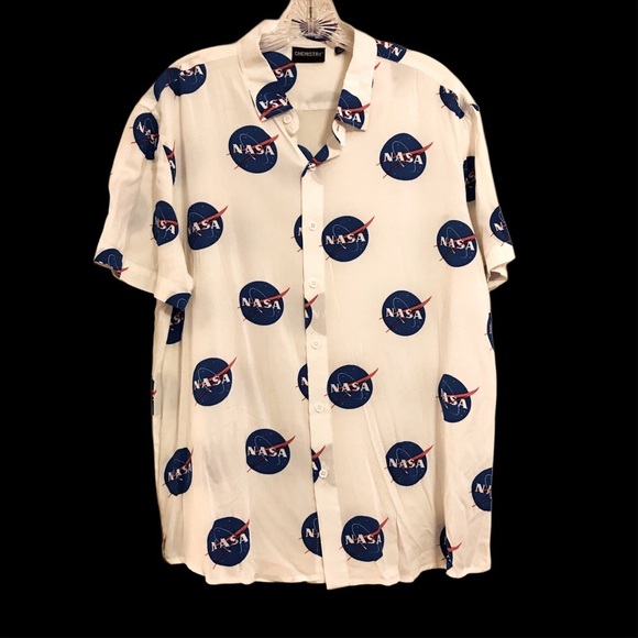 NWT NASA Chemistry white button down shirt LG short sleeve all over print logo - Picture 4 of 9